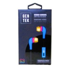 Gentek G3 Stereo Earbuds in‑Line Mic Blue Yellow Pink 3.5mm Plug 4 ft Cord